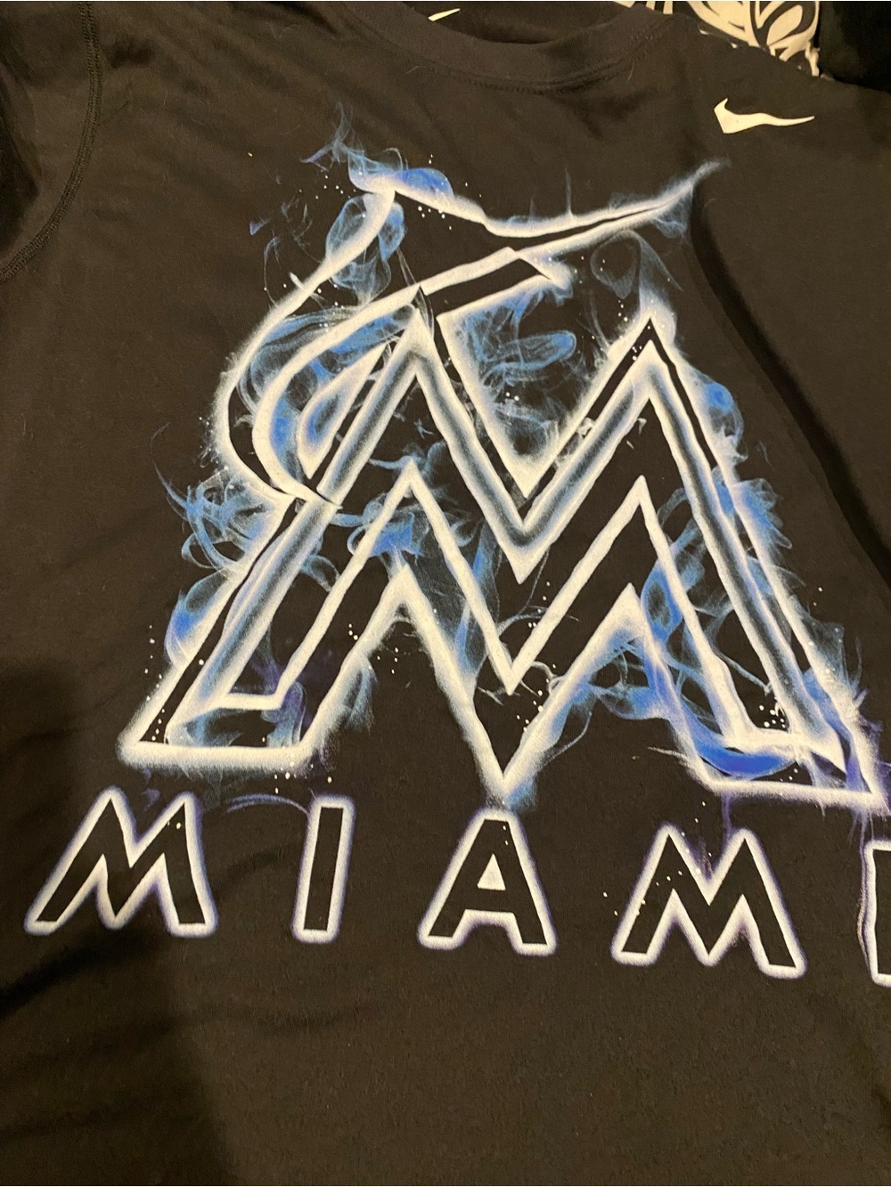 Nike Black Miami Marlins Graphic Dri Fit Tee with Blue Smoke Logo